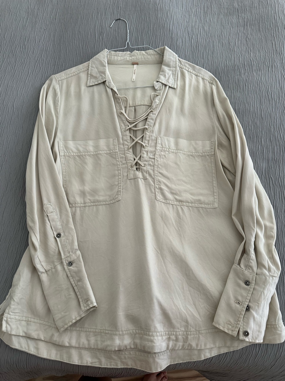 Free People Lace-Up Pocket Blouse in Light Cream